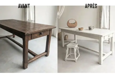 Avant/Après : une vieille table en bois sombre transformée pour moderniser une table en bois avec une finition claire et lumineuse.