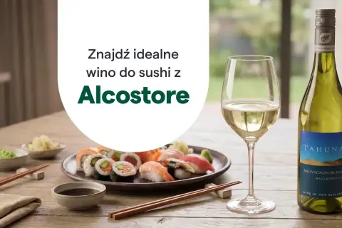 Idealne wino do sushi czeka! Na stole sushi, sos sojowy, wasabi i kieliszek białego wina. Znajdź swoje wino do sushi w Alcostore.