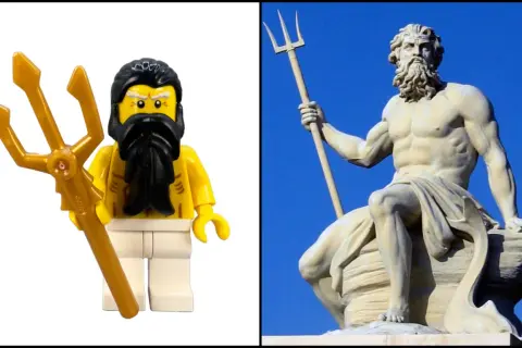Lego-figuur met drietand naast een standbeeld van de griekse god van de zee, Poseidon.