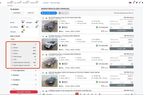Sökresultat för bilar. Välj bränsletyp, t.ex. "Petrol" (bensin), för att hitta din nästa bil.
