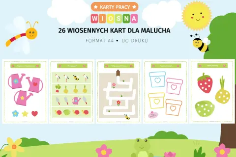 Wiosna karty pracy przedszkole: zadania z konewkami, labirynt dla pszczółki, kolorowanki i wyklejanki.