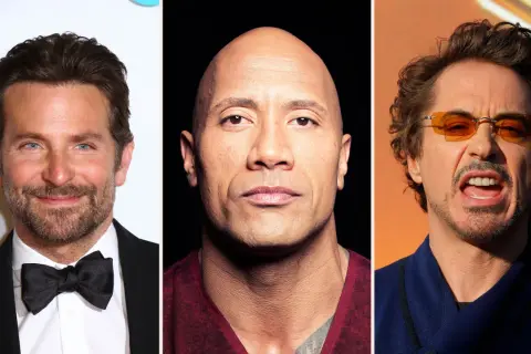 Tre kända manliga amerikanska skådespelare: Bradley Cooper, Dwayne "The Rock" Johnson och Robert Downey Jr.