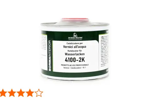 Barattolo di catalizzatore per vernici all'acqua Borma Wachs 4100-2K, per uso professionale. Il rapporto di miscelazione vernice: catalizzatore è 10:1.