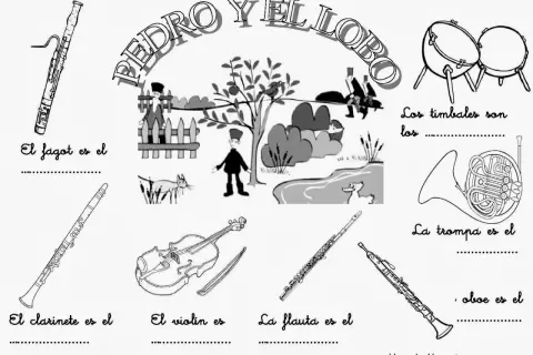 Ilustración de "Pedro y el lobo" con instrumentos musicales y personajes.