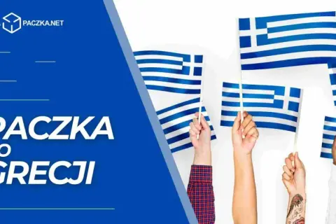 Wiele rąk trzyma greckie flagi. Napis "Paczka do Grecji" sugeruje wysyłkę.