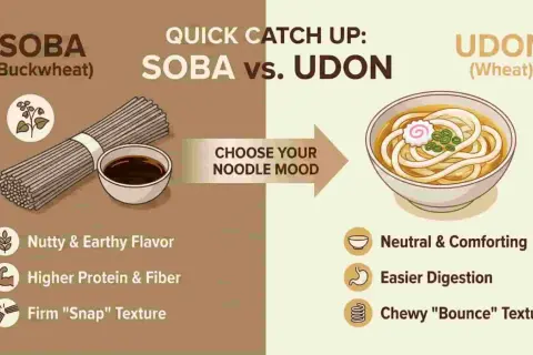 Soba (Buchweizen) mit nussigem Geschmack vs. Udon (Weizen) mit zartem Biss. Wähle deine Nudelstimmung!