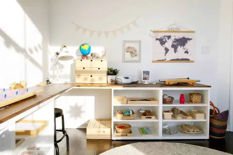 Inspiring Montessori shelf ideas for a child's learning space, featuring a globe, animal figures, and organized trays of educational materials.
