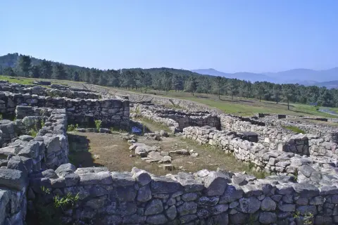 Ruinas del castro de San Cibrao de Las, con muros de piedra y un paisaje boscoso al fondo bajo un cielo azul.