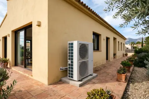 Unidad exterior de bomba de calor aerotermia junto a una casa con fachada amarilla y patio de baldosas.