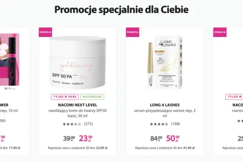 Promocje kosmetyków: tusz GOSH, krem Nacomi SPF50, serum do rzęs Long 4 Lashes, serum z niacynamidem Nacomi. Zgodnie z dyrektywą Omnibus, podane ceny są najniższymi z ostatnich 30 dni.