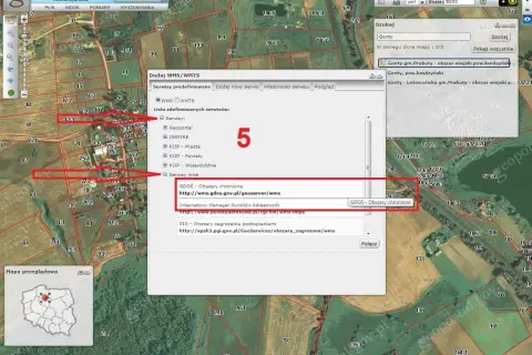 Mapa z zaznaczonymi działkami i warstwami informacyjnymi, w tym GDOS - Obszary chronione, część sieci **natura 2000**.