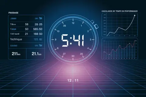 Tableau de bord sportif affichant un chronomètre à 5:41, des statistiques de course et des graphiques de performance. L'objectif : une allure semi marathon 2h.