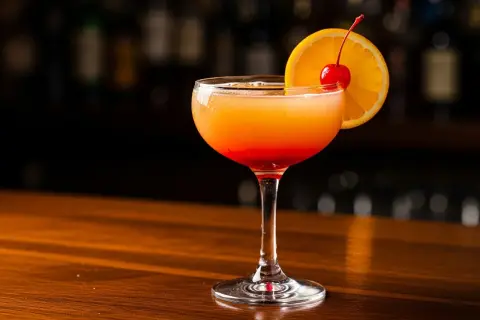 En vacker tequila sunrise med lager av orange och rött, garnerad med en apelsinskiva och körsbär.
