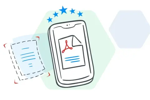 Un smartphone affiche un document PDF, prêt à être scanné avec une application **genius scan**. Des étoiles bleues symbolisent la qualité.