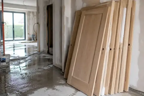 Portes en bois empilées, prêtes à être installées. Le sol est mouillé, signe que les travaux sont en cours pour empêcher le bois de travailler.