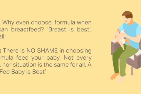 A father bottle-feeds his baby, illustrating the positives of formula feeding and emphasizing that a well-fed baby is best, regardless of feeding method.