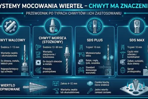 Rodzaje wierteł do metalu: walcowy, Morse'a, SDS PLUS, SDS MAX. Wiertło stopniowane do cienkich blach.