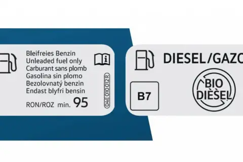 Etiquetas de combustible: las motos 125 usan gasolina sin plomo 95. También se muestra diésel B7 y biodiésel.