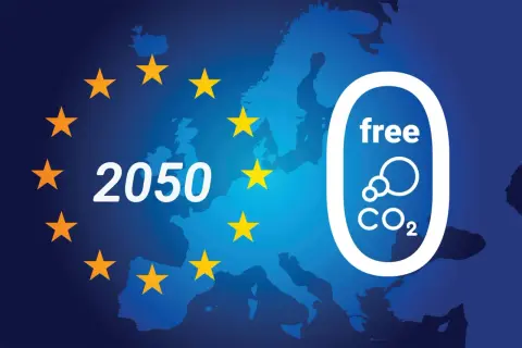 Mapa Europy z gwiazdami UE, napisem "2050" i symbolem "free CO2".