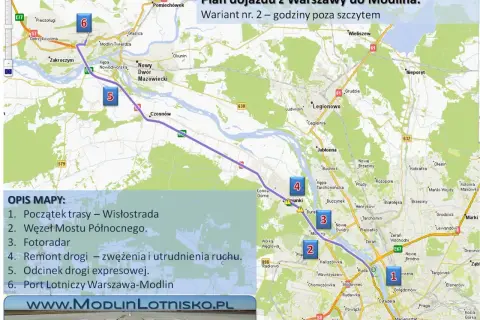 Mapa pokazuje trasę z Warszawy do Modlina, z zaznaczonymi punktami kluczowymi, np. remontami dróg. To praktyczny rozkład lotów Modlin dla podróżujących.