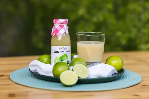 Butelka soku z limonki i szklanka orzeźwiającego napoju, otoczone świeżymi owocami. Odkryj sok z limonki właściwości!