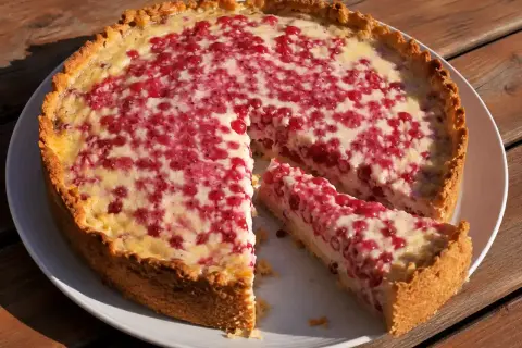 En saftig paj med röda vinbär och en krämig fyllning, perfekt att baka med creme fraiche. En bit är redan uppskuren.