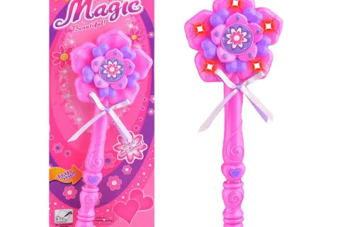 Różowa, świecąca różdżka księżniczki w kształcie kwiatka z fioletowymi detalami i wstążką. Idealna do magicznych zabaw.