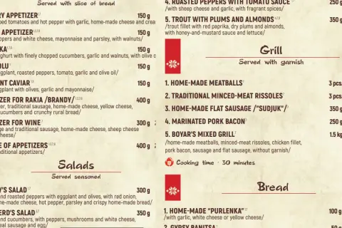 Menu z daniami i ich ceny w Bułgarii: sałatki, grillowane mięsa, przystawki.