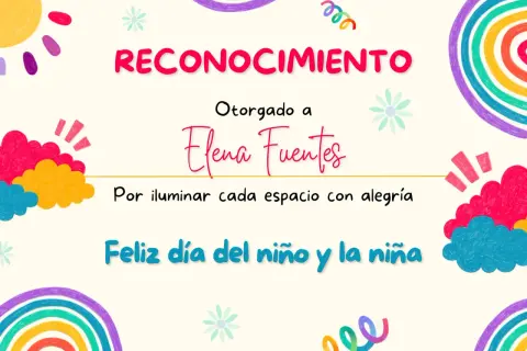 Reconocimiento para Elena Fuentes, con frases fin de curso infantil. Celebra la alegría y el día del niño.