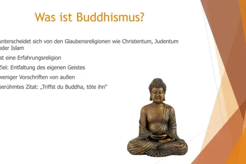 Eine Buddha-Statue und Stichpunkte, die erklären, wie leben Buddhisten: Erfahrungsreligion, Geistentwicklung, wenige äußere Vorschriften.