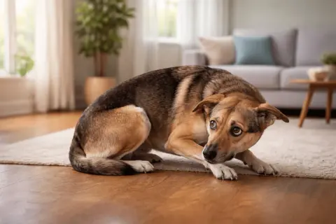 A scared dog with wide, worried eyes is crouched low on a rug in a living room, its body tense.