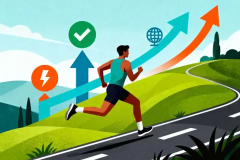 Un coureur progresse sur une route sinueuse, symbolisant l'amélioration de la vitesse moyenne course à pied. Des flèches ascendantes et des icônes de succès indiquent une progression constante.