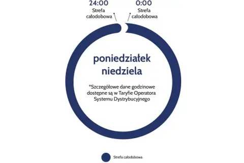 Grafika przedstawia okrąg z napisem "poniedziałek niedziela", symbolizujący całodobową strefę działania.