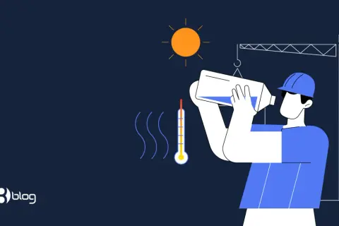 Operaio con casco beve acqua sotto il sole cocente, termometro indica alta temperatura. Attenzione al microclima ambiente di lavoro.