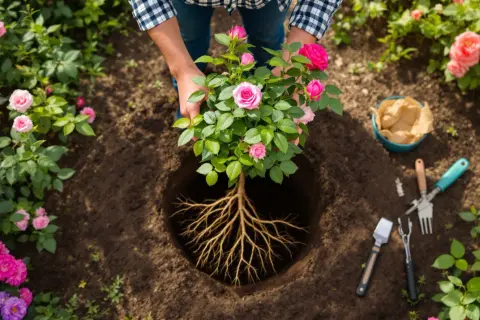 Un homme s'apprête à planter un rosier aux fleurs roses dans un trou béant, entouré d'autres rosiers en fleurs.