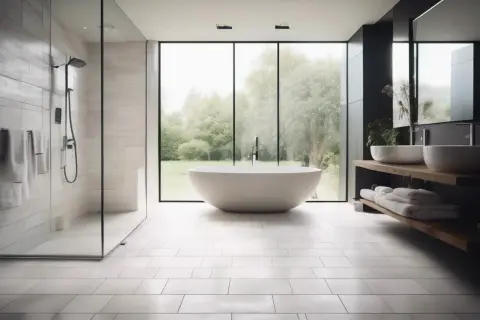 Salle de bain moderne avec baignoire îlot, douche vitrée et double vasque. Le sol de salle de bain blanc immaculé reflète la lumière naturelle.
