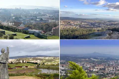 Vistas panorámicas de Santiago de Compostela desde el monte Pedroso, mostrando la ciudad y sus alrededores en diferentes condiciones climáticas.