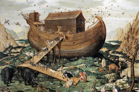 Noaks ark fylls med djur av alla slag. Elefanter, giraffer, kameler och många fler djur stiger ombord på det stora skeppet.