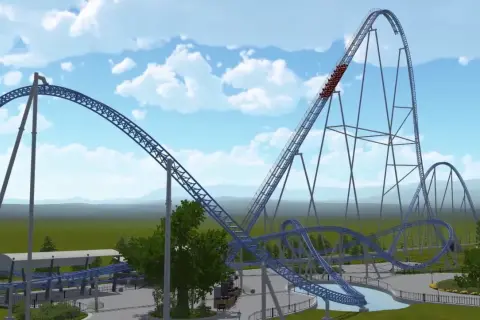 Kolejka górska Hyperion Energylandia z wagonikami wjeżdżającymi na wysoki tor.