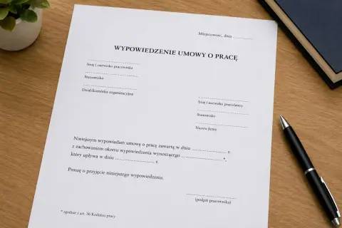 Dokument "Wypowiedzenie umowy o pracę z zachowaniem okresu wypowiedzenia" na drewnianym biurku, obok długopisu.