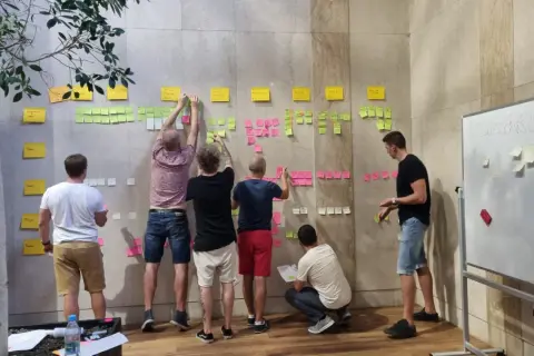 Zespół pracuje nad rozwojem organizacji, przyklejając karteczki z zadaniami na ścianie.