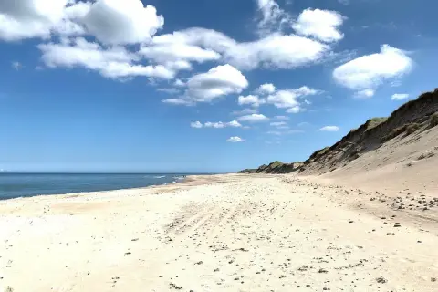 Sandy beach with dunes, calm blue sea, and white clouds under a bright blue sky.