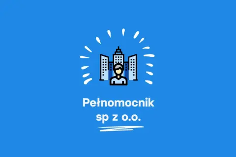 Ikona przedstawia człowieka przed budynkami, symbolizując firmę. Pełnomocnik sp. z o.o. to firma, która reprezentuje interesy innych.