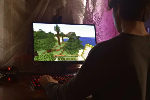 Gracz wciela się w postać w grze Minecraft, eksplorując zielony świat. W tle widać zasłony.