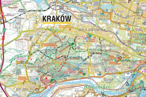 Kraków i okolice atrakcje: mapa z zaznaczonymi fortami, muzeami, parkami i szlakami.
