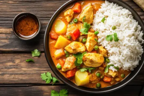 Pyszny kurczak w sosie curry z ryżem i warzywami. Idealny obiad na sobotę, który zachwyci smakiem.