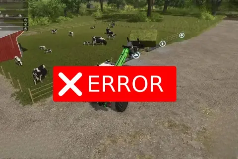 Błąd w grach farmerskich po polsku. Krowy na pastwisku, traktor z teleskopowym ładowaczem.