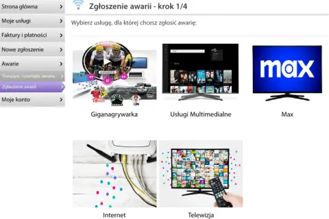 Zgłaszanie awarii w Netii: wybierz usługę, dla której wystąpił brak internetu lub inny problem. Dostępne opcje to Giganagrywarka, Usługi Multimedialne, Max, Internet i Telewizja.