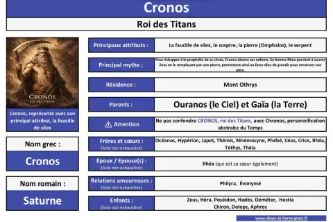 Cronos, père de Zeus, roi des Titans, représenté avec sa faucille. Il a dévoré ses enfants.