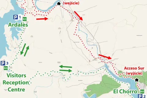 Mapa szlaku "Ścieżka Króla" z zaznaczonymi parkingami, wejściami i punktami widokowymi.